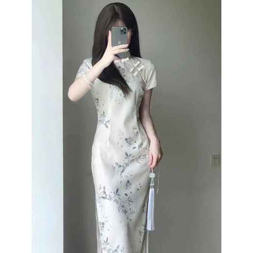 矜持范新中式复古民国风旗袍2025夏季新款年轻款少女显瘦连衣裙女长款 719花枝【不含配饰】 L 建议100-115斤