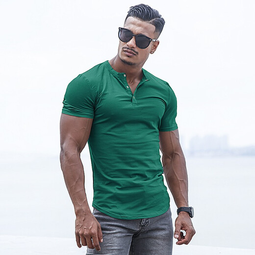 BensonVision sports short-sleeved fitness training t-shirt running casual top solid color slim fit Henry collar bottoming shirt men's summer grass green S