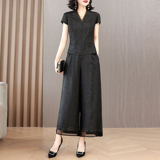 JYMMU Guangzhou Thirteen-Long Women's High-end Summer Two-Piece Set Women's 2024 New Style Temperament Slimming Belly Black 1416# 2XL 116-130Jin[Jin equals 0.5 kg]