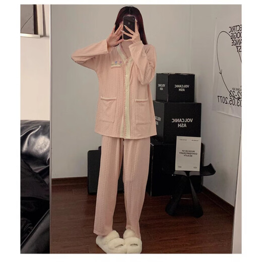 姿伟祺香芋紫花朵睡衣女棉质胸垫春秋新款家居服套装 9926#三朵花-绿色 180 XL