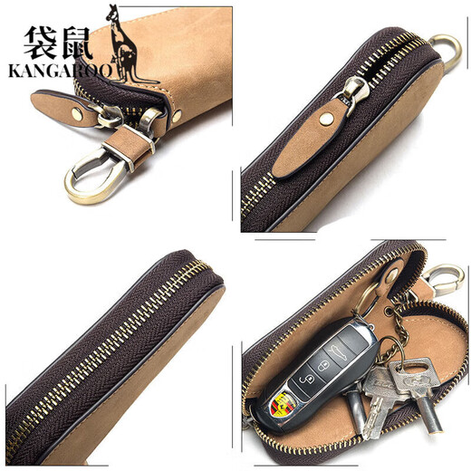 Känguru (Känguru) Neuer Retro Leder-Schlüsselbeutel Multifunktional Reißverschluss praktische verrückte Pferdeleder GM Key Bag Schlüsselbraun braun