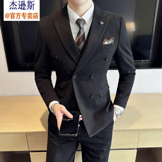 Jason's high-end woolen suit jacket men's autumn and winter business formal double-breasted casual suit suit Korean version slim black (suit + vest + pants) 3XL (150-165Jin Jin equals 0.5kg)