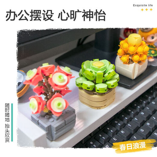 费米兼容乐高儿童拼装积木玩具摆件男女孩生日礼物多肉-小球玫瑰S2264