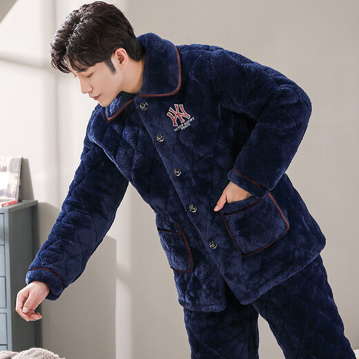 雅鹿男士睡衣冬季珊瑚绒三层夹棉加厚加绒法兰绒秋冬款家居服保暖套装 C9903#蓝色男[牛奶绒] 3XL 3层(165 200斤)三层加厚