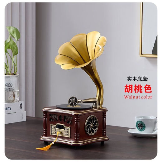 HUIYIZHIYIN retro gramophone speaker all-in-one music player large speaker high-end small audio ornaments vinyl record player red walnut rechargeable non-rotating turntable free U disk