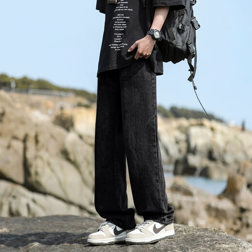 POUM 牛仔裤男秋季宽松直筒水洗裤子男港风阔腿运动工装长裤 718-K823深蓝 3XL (建议175-190斤)