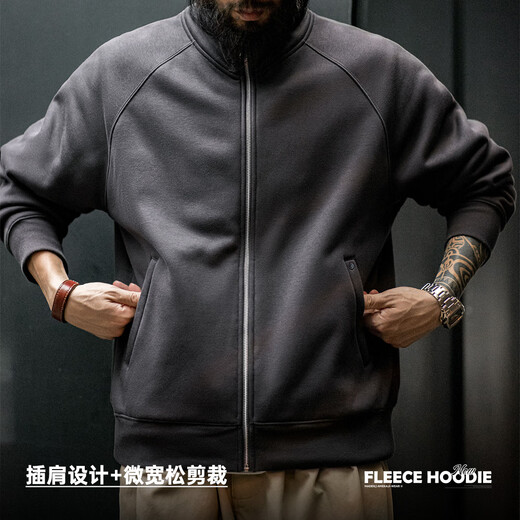 Madden Workwear American Casual Polar Fleece Cardigan Sweatshirt Men's Autumn Stand Collar Velvet Sports Zipper Jacket Dark Gray L