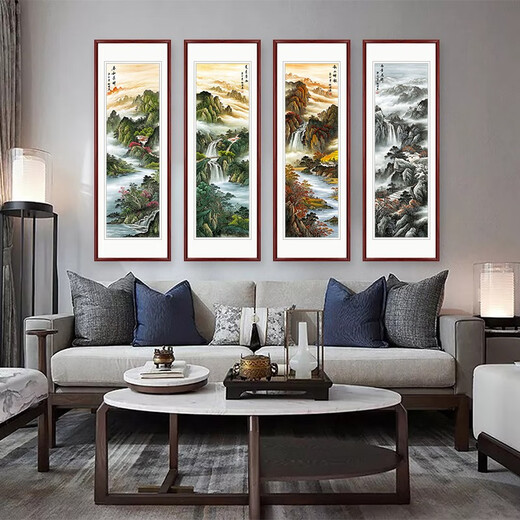 XUNDIAN (XUNDIAN) landscape painting living room scenery four screens Chinese painting office hanging painting mountain painting sofa background wall painting ink painting spring, summer, autumn and winter A right angle rosewood color solid wood with frame 135*45 cm