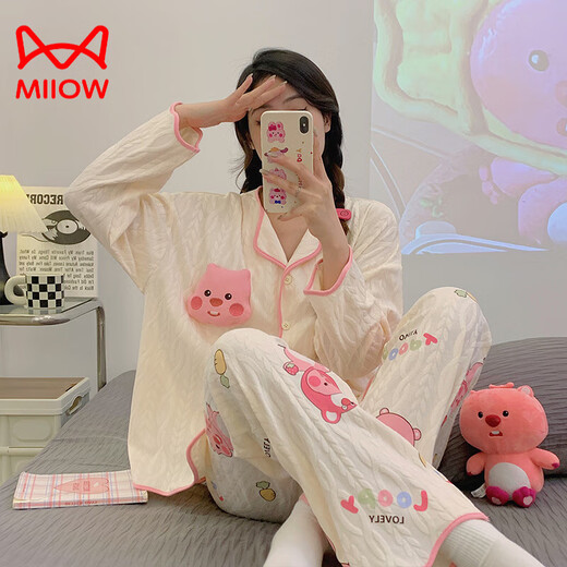Cat Man (Miiow) Pyjamas en coton pur pour femmes au printemps et à l'automne nouveau pantalon à manches longues cardigan en vrac cariton doux caricatures mignons à la maison 9215 l [recommandée 100-120 Jin [Jin est égal à 0,5 kg]]]