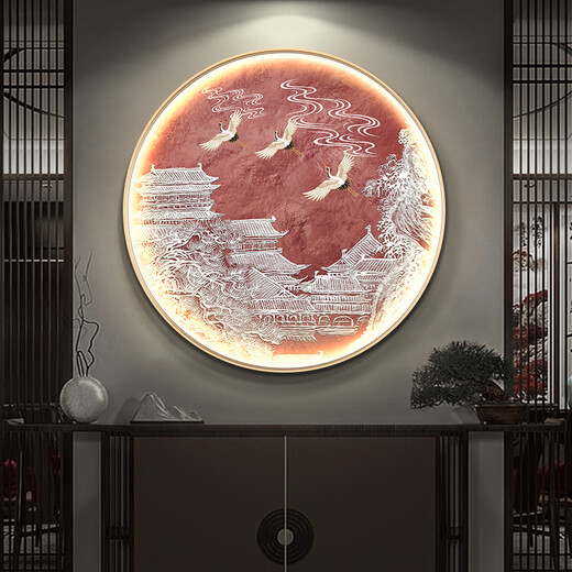 Paidan Xianmeng New Chinese Style Decorative Painting Round Luminous Painting Entry Hall Living Room Painting Landscape Painting Zen Tea Room Hanging Painting Ink Painting Spring Swallow Ink Bamboo - Aluminum Alloy Black Frame/Crystalline Porcelain Surface Diameter 50cm - No Light Style
