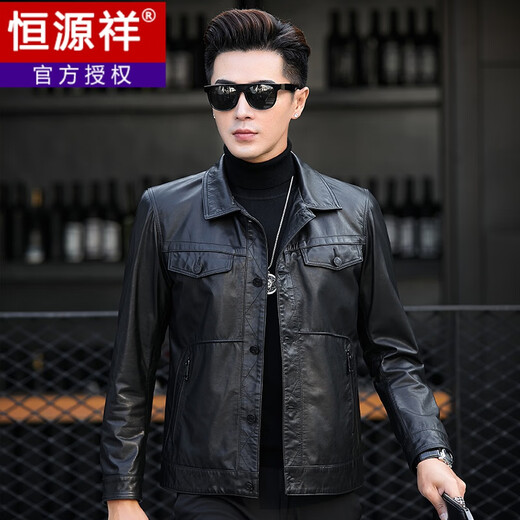 Hengyuanxiang 2023 Herbst und Winter Haining Revers Echtlederjacke Herren Erste Schicht Rindslederjacke Kurz Slim Button Motorradjacke Schwarz 180/2XL (140-155Jin Jin entspricht 0,5 kg)