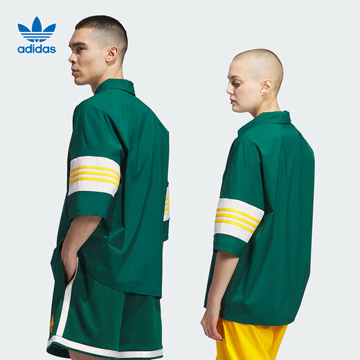 阿迪达斯 （adidas）三叶草男装 25夏季新款情侣款半袖运动宽松七分袖翻领衬衫 IY7373/森林绿 XS