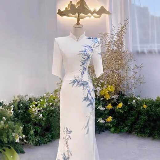 Wenmi Music Student Art Examination Dress Women's Satin Light Luxury Niche New Chinese Style White Waist Long Evening Vocal Performance Guzheng White S