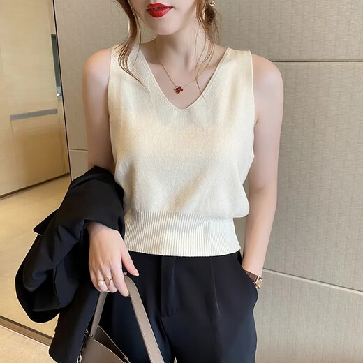 Yuyixiang V-Ausschnitt Ice Seidenschlinge Weste für Frauen 2025 Sommer im Freien schlank und vielseitig atmungsaktive Taille-Strick-Basishemd Khaki + Apricot L Empfohlen 116-130jin [Jin entspricht 0,5 kg]