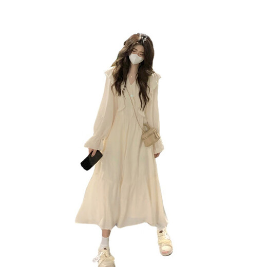 French-style long-sleeved ruffle-edged dress for women in autumn new design high waist slim long skirt light apricot color #1048 XL