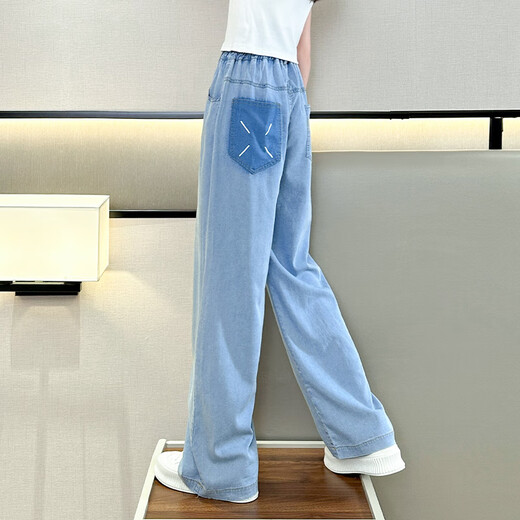 NICKYBABY girls' pants summer thin children's tensile soft jeans large children's summer ice silk straight wide-leg pants summer 15013 blue + 9922 white [set] 150