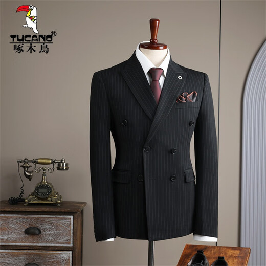 Woodpecker (TUCANO) double-breasted striped suit men's suit casual groom wedding dress business slim suit suit men 6831 black stripes (suit + trousers) 52/XL (125-135Jin Jin equals 0.5 kg)