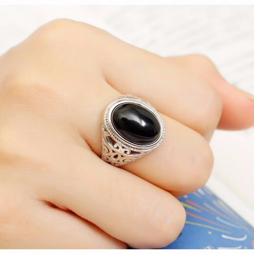 Sanskrit natural black agate gemstone ring for men and women 925 silver couple ring open ring personalized simple fashion jewelry black agate ring for men and women 925 silver