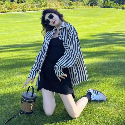 圣保美衬衫连衣裙女夏季套装长袖春秋新款2025法式气质吊带短裙子小个子 衬衣+吊带裙【套装】 M 码