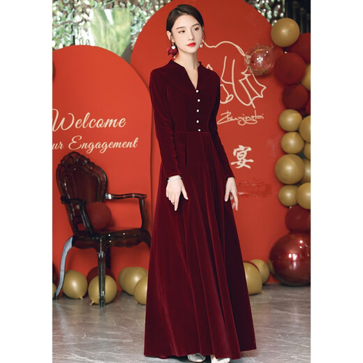 Midi tie door-to-door toasting dress brides can usually wear large sizes for tall pregnant women, fat sisters, stand-up collars, fat mm plus fat 200, burgundy short style, dress length, shoulder to skirt 116 L (110 Jin Jin is equal to 0.5 kg -118 Jin Jin is equal to 0.5 kg)