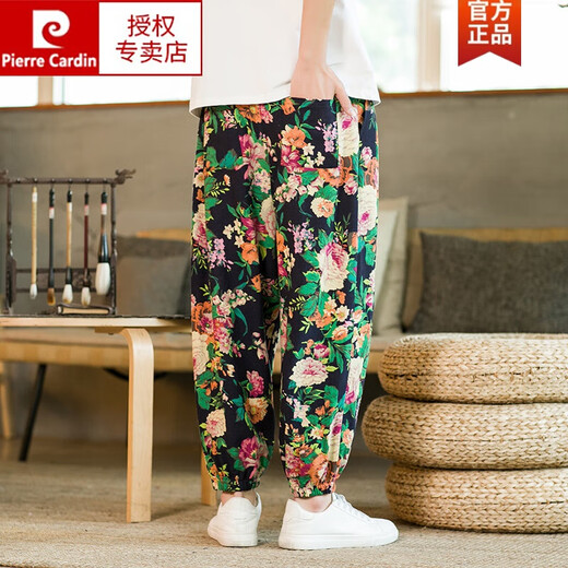 Pierre Cardin Chinesischer Stil gedruckter Sommer -Leinenhose Herren Baumwollwäsche Hose Los großer Laterne Harem Hosen Herren Grün 2xl