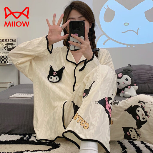 Cat Man (Miiow) Pyjamas en coton pur pour femmes au printemps et à l'automne nouveau pantalon à manches longues cardigan en vrac cariton doux caricatures mignons à la maison 9215 l [recommandée 100-120 Jin [Jin est égal à 0,5 kg]]]
