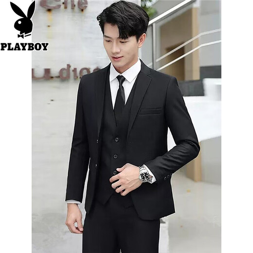 Playboy Suit Men's Korean Slim Top Jacket Groomsmen Wedding Business Professional Formal Small Suit Men Two-Button Black Top XL