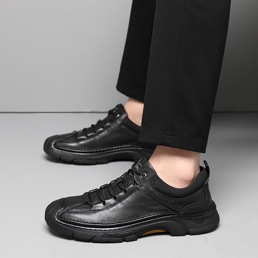 Aibudie Men's Casual Leather Shoes 2025 Новая модная и универсальная мягкая кожаная мягкая подошва мягкая удобная дышащая не скользящая обувь Men 9916 Black 41