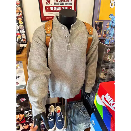 Digada Lazy Henry Collar Sweater Men's Winter Bottoming Sweater Men's Sweater Underwear Trendy Brand Men's Sweater Jacket Men QSCZ-Z84 Light Gray L