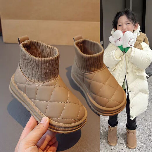 Muni children's velvet snow boots, stylish socks, short boots, bread shoes, 2025 winter new style, warm large cotton shoes for boys and girls, velvet thickened socks boots, khaki color, size 32, inner length 20cm