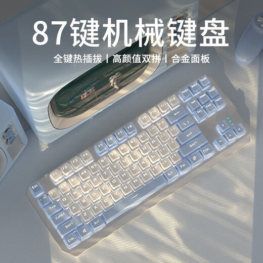 前行者TK870有线机械键盘游戏办公键盘拼色RGB侧光灯有线87键客制化热插拔游戏电竞台式电脑笔记本办 银黑-蓝光【全键无冲可换轴】有线