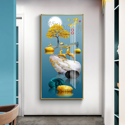 Xiao Lulin Light luxury entrance decoration painting New Chinese style entrance painting aisle corridor mural Nordic abstract elk hanging painting crystal porcelain painting 14088 Home and Fugui Crystal porcelain painting 90*180 cool black (customized size)