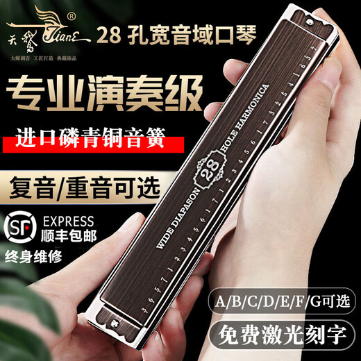 天鹅（SWAN）德国进口音簧高端重音口琴专业演奏级初学者成人复音C调 28孔 高端复音【带音标】浅木纹