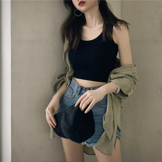 Qbily 吊带背心 【两件装】背心女内搭短款吊带上衣无袖外穿背心 吊带背心短款【黑+白】两件装L码