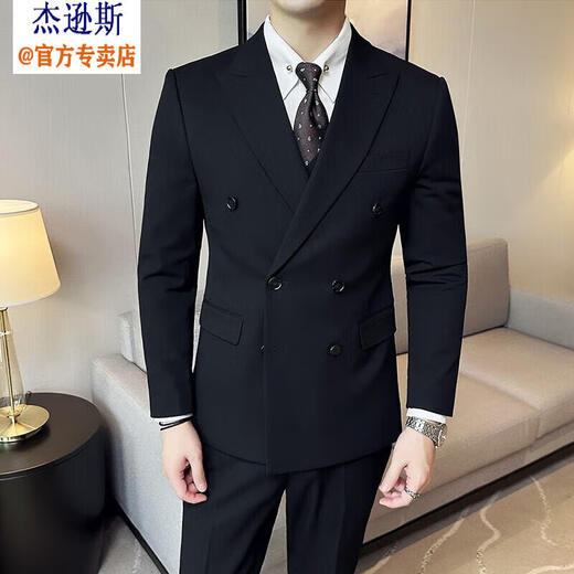 Jason's British business gun lapel double-breasted slim suit suit men's light luxury wedding dress groom's suit three-piece suit 338 black (suit + pants) XL