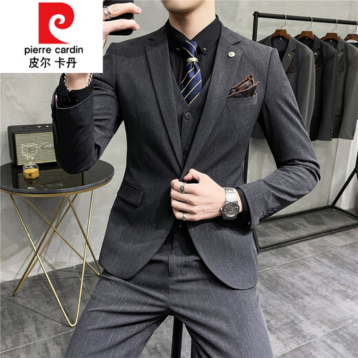 Pier Cardin Bräutigamanzug Drei-teiliger Hochzeitskleid Casual Formal Anzug hübscher koreanischer Stil Schlanker gestrickt 9905 Schwarzes dreiteiliges Set (Anzug + Weste + Hose) s