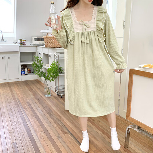 Princess Doretin style nightgown for girls in spring, autumn and winter, sweet lace mid-length pajamas dress thin home clothes sx#9904-1 square neck lace skirt gray M 160