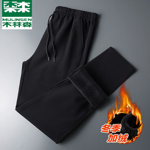 Mulinsen sweatpants men's summer thin loose straight casual pants men's autumn and winter plus velvet thickened warm trousers loose plus size youth outdoor running wardrobe pants men 719 black tying feet (regular) L