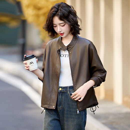 佰蓝娇美拉德皮衣外套女2025春秋新款短款宽松休闲复古PU皮机车夹克上衣 咖啡色 L （建议116-129斤）