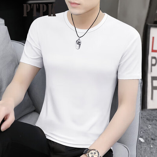 
PTPK high-end modal solid color short-sleeved T-shirt for men slim summer new ice silk quick-drying half-sleeved round neck top trendy active black combed cotton 95% XL [135~150Jin [Jin equals 0.5 kg] fit]