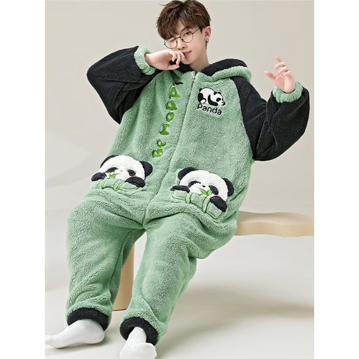Shantoulin Village Shark Herren Herbst und Winter Großgröße einteiliger Pyjamas 2024 Teenager Plüsch verdickte Korallenfell Heimkleidung ypf einteilig 3894 grüner Panda M Größe 160c/95jin [Jin gleich 0,5 kg]