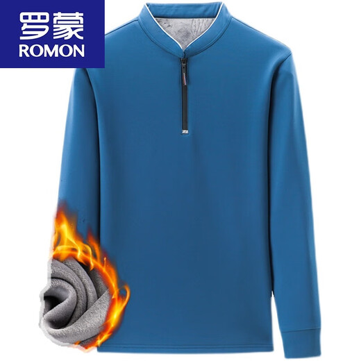 罗蒙（ROMON）加绒加厚长袖t恤男休闲上衣冬中年男装立领打底衫 【QPD加 绒加 厚】6623 宝兰 M 165