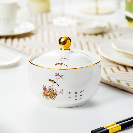 Yacai Jingdezhen hotel tableware table set Chinese restaurant club hotel box bowls and plates bone china tableware with engraved LOGO flower, bird and pomegranate-table set 5 pieces