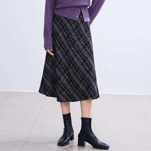Betu women's winter new skirt high waist small fragrant style yarn-dyed plaid skirt women 2411T72 purple plaid S
