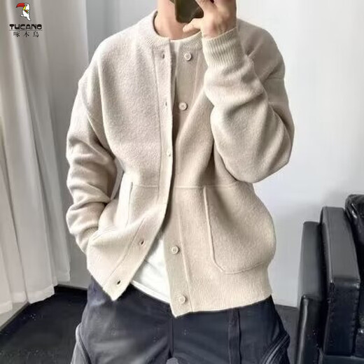 啄木鸟（TUCANO）针织开衫外套男春秋冬季潮牌宽松毛线衣夹克男圆领帅气百搭秋冬装 YM128黑色 厚款 M