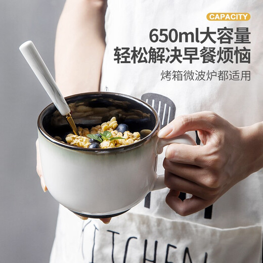 INMIND HOUSE Big belly milk breakfast cup ceramic oatmeal cup with lid spoon large capacity microwaveable European style 600ml gradient gray 600ml (wooden handle spoon + wooden lid)