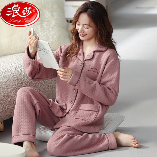 浪莎（LangSha）秋冬季空气棉夹层睡衣女纯棉长袖夹棉加肥妈妈家居服套装居家服 844薄.款 M