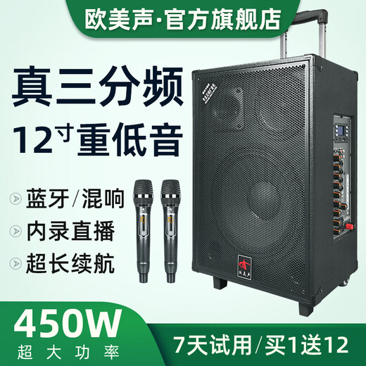 European and American outdoor audio karaoke dedicated three-way high-power professional singing live broadcast square dance performance high-quality large volume mobile pull rod Bluetooth portable speaker equipment 12 inches 263 pull rod 450W 1 wireless microphone 1 lavalier microphone + spree