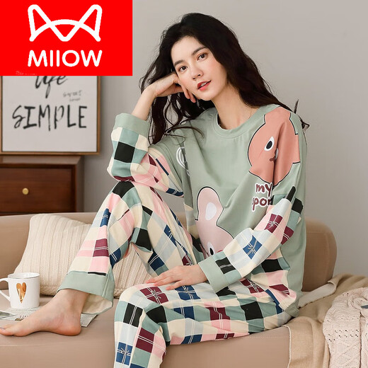 猫人（MiiOW）带胸垫纯棉睡衣女春秋长袖可外穿韩版卡通棉秋冬家居服套装 6623(无胸垫100棉) M 【80 105斤】