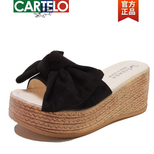 卡帝乐鳄鱼（CARTELO）高档2025夏季厚底坡跟凉拖鞋外穿女式凉鞋松糕底一字拖蝴蝶结时尚 粉红色 35